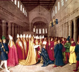 Coronación del emperador Carlomagno el 25 de diciembre de 800 en Roma por el Papa León III, iluminación de "Les Grandes Chroniques de France" por Jean Fouquet, c. 1455-1460