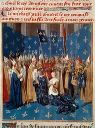 Coronación de Luis VIII (1187-1226) y Blanca de Castilla (1188-1252) en Reims en 1224. Miniatura del manuscrito «Grandes Chroniques de France» de Jean Fouquet (1420-1481), siglo XV. París, B.N.