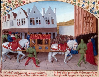 Entrada de Carlos IV (1316-1378) emperador alemán en 1378 en Saint-Denis. Miniatura de las Grandes Crónicas de Francia (Folio 442). Iluminada por Jean Fouquet (siglo XV)