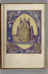 Dios Padre con símbolos de los cuatro evangelistas en las esquinas. Libro de Horas, 1450-1499
