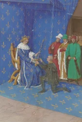 Entrega de la espada de condestable a Bertrand du Guesclin - Miniatura (siglo XV)