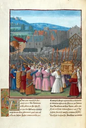 Josué y la caída de Jericó. Ilustración en Flavio Josefo ""Antigüedades de los judíos"" (Antiquitatum Iudaicarum) por Fouquet, Jean (1420-1481). Gouache sobre pergamino, finales del siglo XV, Bibliotheque Nationale de France