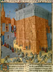 Construcción del Templo de Jerusalén por el Rey Salomón. El rey asiste a la construcción desde el balcón de su palacio. Miniatura del manuscrito 