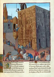 La construction du temple de Salomon - La construcción del Templo de Salomón. Ilustración en Flavio Josefo ""Antigüedades de los judíos"" (Antiquitatum Iudaicarum) por Fouquet, Jean (1420-1481). Gouache sobre pergamino, finales del siglo XV, Bibliotheque N