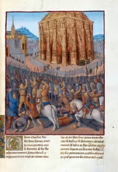 Le siege de Jerusalem par le roi de Babylone Nabuchadnezzar II (604-562 avant JC) - Sitio de Jerusalén por Nabucodonosor II. Ilustración en Flavius ​​​​Josephus ""Antigüedades de los judíos" (Antiquitatum Judaicarum) par Fouquet, Jean (1420-1481). Gouache 