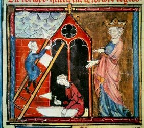 Luis VI el Gordo (1081 - 1137) supervisando la construcción de un edificio. Miniatura en “Grandes crónicas de Francia” por Jean Fouquet (1420-1481)