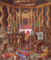 Ms Fr 247 f.293 Profanación del Templo de Jerusalén en el 63 a. C. por Pompeyo y sus soldados, ilustración de «Antigüedades judías», hacia 1470
