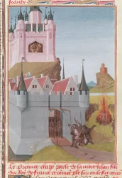 Ms Fr 6465 fol.327 El reinado de Felipe V (c.1294-1322) "El Alto" de la muerte de su sobrino, Juan I en 1316, de las Grandes Crónicas de Francia (vitela)