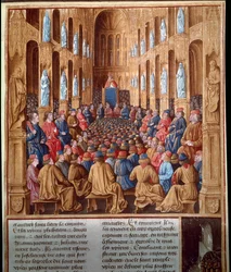 El papa Urbano II (1042-1099) predicando la primera cruzada en el Concilio de Clermont, Francia, uniendo a caballeros, nobleza y cardenales