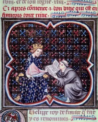 El primado presenta el texto de las grandes crónicas de Francia a Felipe III. Miniatura del manuscrito de Jean Fouquet “Grandes Crónicas de Francia”. París, B.N.