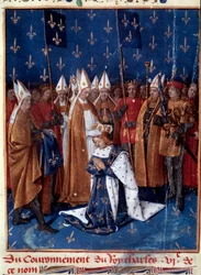 Coronación de Carlos VI en Reims en 1380. Miniatura de las Grandes Chroniques de France (Folio 457v), iluminada por Jean Fouquet (1420-1481), 1455-1460. Biblioteca Nacional, París.