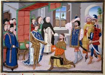 Séptima Cruzada: Rey de Francia San Luis (o Luis IX) (1214-1270) en Nicosia en Chipre alrededor de 1245. Miniatura de las "Grandes Crónicas" de Jean Fouquet (1420-1481). París, Biblioteca del Arsenal