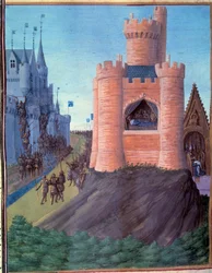 Sitio de Aviñón (1226). Muerte de Luis VIII. Coronación de San Luis (Luis IX). Miniatura de las «Grandes Chroniques de France» (251v)