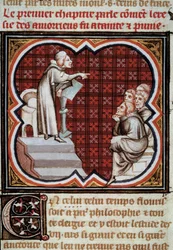 El filósofo y teólogo francés Amaury de Chartres (o Amaury de Bene o Amalricus de Bene) (fallecido en 1209) frente a sus discípulos (los Amauricianos). Miniatura de Les Grandes Chroniques de France iluminada por Jean Fouquet (1420-1481)