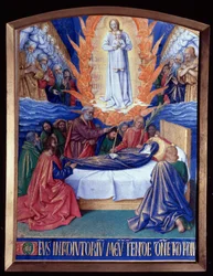 Las Horas de la Virgen: la Muerte de la Virgen. Miniatura en "Las Horas de Etienne Chevalier" por Jean Fouquet (1420-1481)