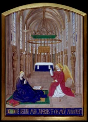 La Anunciación en miniatura tomada del "Libro de Horas de Etienne Chevalier" por Jean Fouquet (1420-1477/1481)