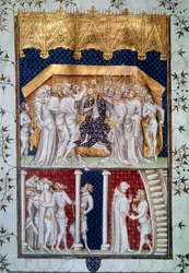 La coronación de Carlos VI (1368-1422) por los pares de Francia el 16/09/1380. Miniatura de las «Grandes Chroniques de France», siglo XV, París, Bibliothèque nationale