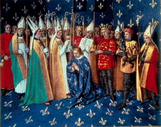 La coronación de Felipe Augusto en Reims el 1/11/1179. Miniatura de las Crónicas de Saint-Denis, siglo XV. París, B.N.