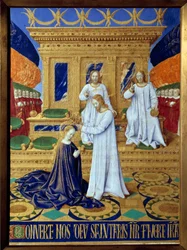 La coronación de la Virgen. Miniatura tomada de "El Libro de Horas de Etienne Chevalier" de Jean Fouquet