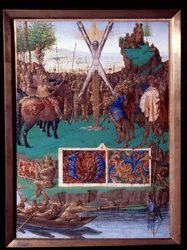 El mártir de San Andrés crucificado. Miniatura tomada del "Libro de Horas de Stephen Chevalier" por Jean Fouquet (1420-1477/1481)