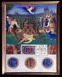 El martirio de Catalina de Alejandría. Miniatura tomada de "El Libro de Horas de Etienne Chevalier" por Jean Fouquet (1420-1477/1481)