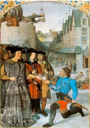 Vizconde de Rochechouart recibiendo un mensajero real. Miniatura de Jean Fouquet de “Las Grandes Crónicas de Francia”