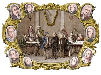 París - El café “Procope” en el siglo XVIII de derecha a izquierda, en los medallones, Georges Louis Leclerc, Conde de Buffon, Nicolas Joseph Florent Gilbert, Denis Diderot, Jean le Rond d