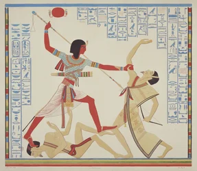 Fresco de Ibsambul que representa a un rey pisoteando a un enemigo derrotado y atravesando a otro enemigo con una lanza, 1839-45