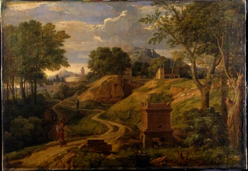 Paisaje clásico con una mujer cargando un niño, c.1650-75