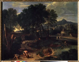 ""Paisaje con un rebaño de ovejas en el camino"" (Paisaje con un rebaño de ovejas en el camino) Pintura de Jean Francois Millet The Elder (1642-1679) Museo Pushkin del siglo XVII, Moscú