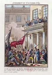 Luis XVI apareciendo en el balcón en Versalles el 6 de octubre de 1789 para decirle a la multitud parisina que irá a París con la condición de que su esposa y su familia viajen con él