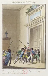 Multitud de Parisinos atacando y matando a la guardia en la entrada de los apartamentos de la Reina en Versalles, 6 de octubre de 1789