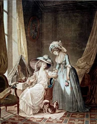 La difícil confesión. Una sirvienta escuchando a su ama. Estampa de Jean Francois Janinet (1752-1814)