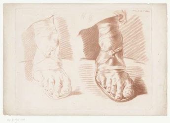 Dos pies en sandalias 3.e Hoja del 5.e Cahier. (título en el objeto) Composiciones con partes del cuerpo humano (título de serie) Cinquième Cahier de Principes de Dessein (título de la serie)