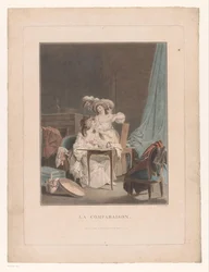 Dos mujeres con los pechos desnudos frente a un espejo
La comparación (título en el objeto)