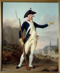 Revolución francesa: «Retrato de cuerpo entero del ciudadano Nau Deville con uniforme de la Guardia Nacional (al fondo, la demolición de la Bastilla)»