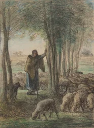 Una pastora y su rebaño a la sombra de los árboles, 1854-55