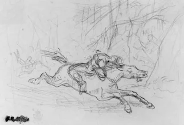 Hombre de espaldas en un caballo salvaje en un bosque. Simon Butler