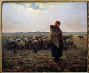 El pastor y sus ovejas llamado el gran pastor. Pintura de Jean Francois Millet (1814-1875)