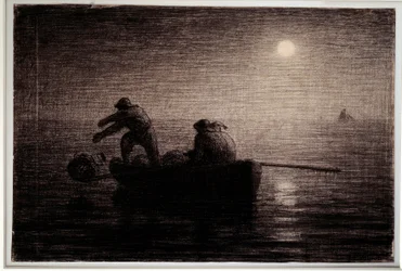 Pescadores de langosta lanzando sus redes, efecto nocturno