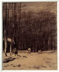 La entrada al bosque de Barbizon, efecto nieve. Dibujo a lápiz negro. Dimensiones: 0,28 x 0,22 m. París, Museo de Orsay