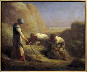 Los segadores de heno. Los campesinos forman los fardos con el heno recién segado. Pintura de Jean François Millet