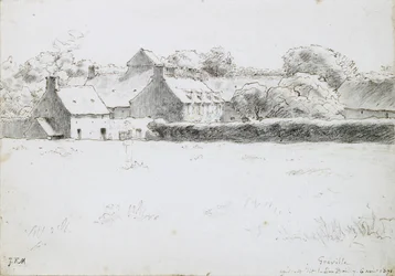 Vista de edificios agrícolas a través de un campo (1871)