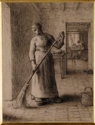 Mujer barriendo su casa