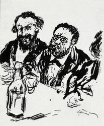 El pintor Edouard Manet (1832-1883) y el escritor Emile Zola (1840-1902) en la mesa. Caricatura de Jean Francois Raffaelli (1850-1924)
