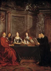El consejo de conciencia: San Vicente de Paúl, jefe del consejo de conciencia leyendo ante el Cardenal Jules Mazarin, Pierre Seguier, la Reina Ana de Austria y Luis XIV