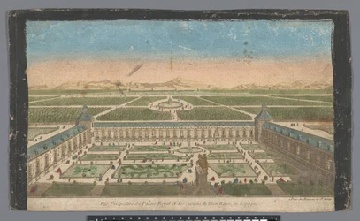 Vista del jardín y del Palacio del Buen Retiro en Madrid Vüe ​​​​perspective du Palais Royal et des Jardins du Buen Retiro, en Espagne (título sobre objeto)