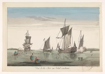 Seascape con barcos y barcos al atardecer. Vue de la mer au soleil couchant (título sobre objeto)