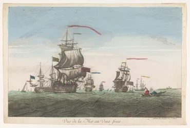 Paisaje marino con barcos y botes al viento
Vuë de la mer au vent frais (título en el objeto)