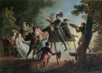 Don Quijote y Sancho Panza en un caballo de madera